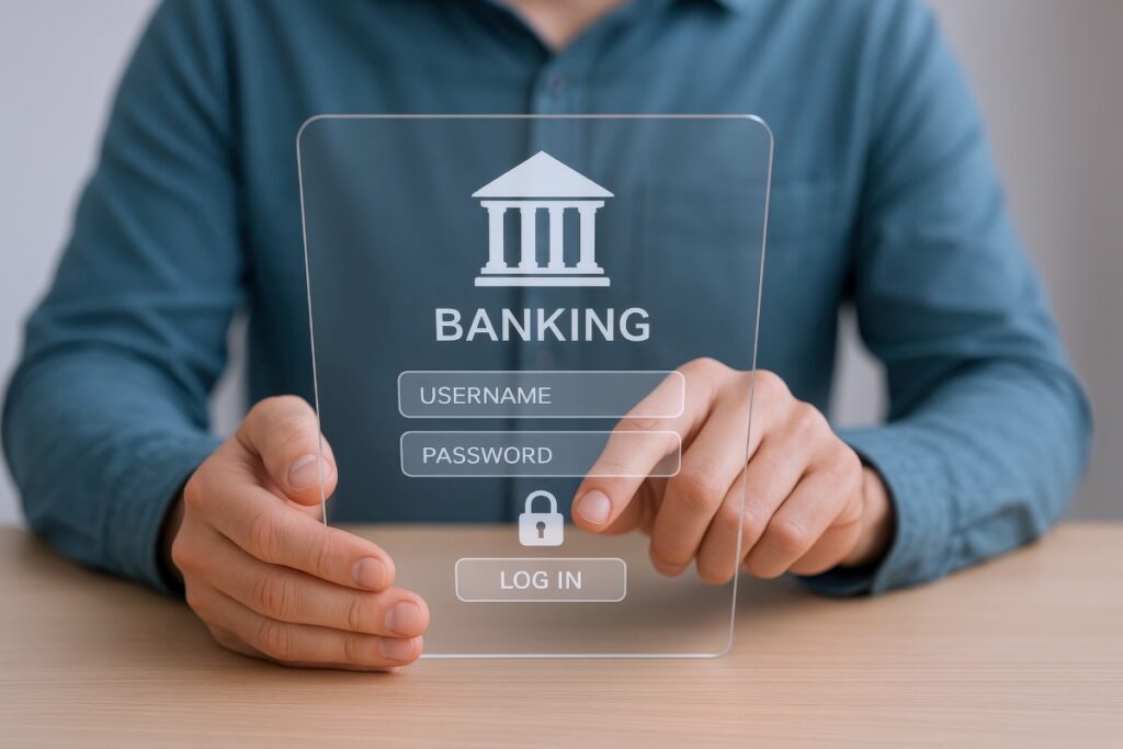Online Banking Concept Man Interacting with a Virtual Banking Interface