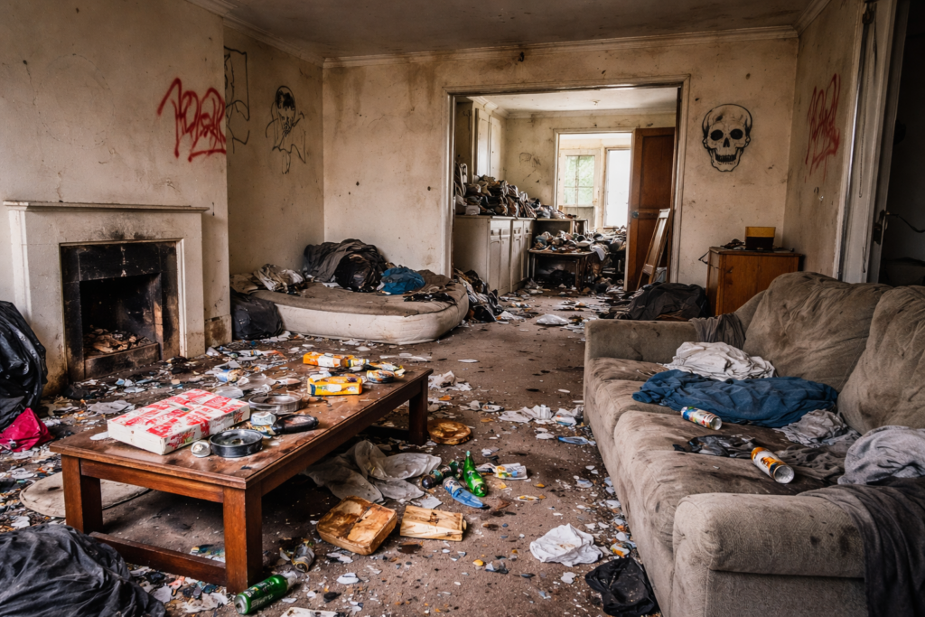 Abandoned squatters' living room scene