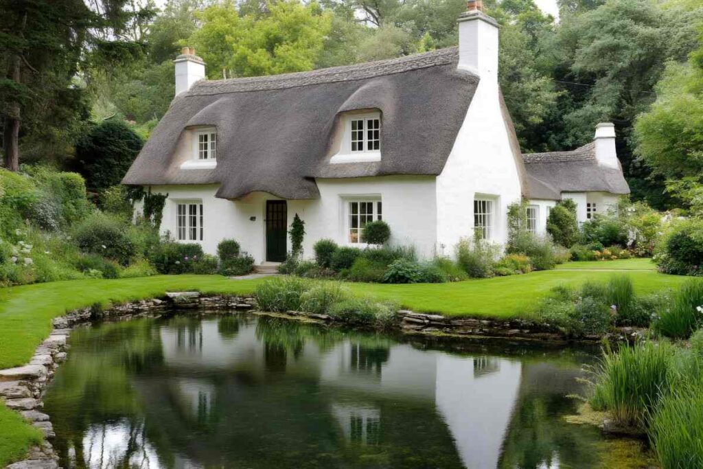 Picturesque thatched cottage reflecting in a tranquil pond surrounded by lush greenery