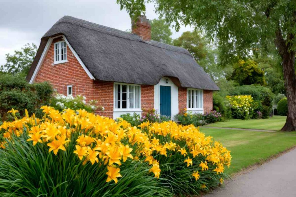 Traditional English thatched roof cottage with yellow daylilies