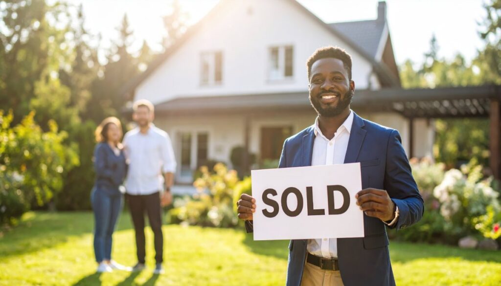 Happy real estate agent holding sold sign in front of new house, smiling couple standing in background