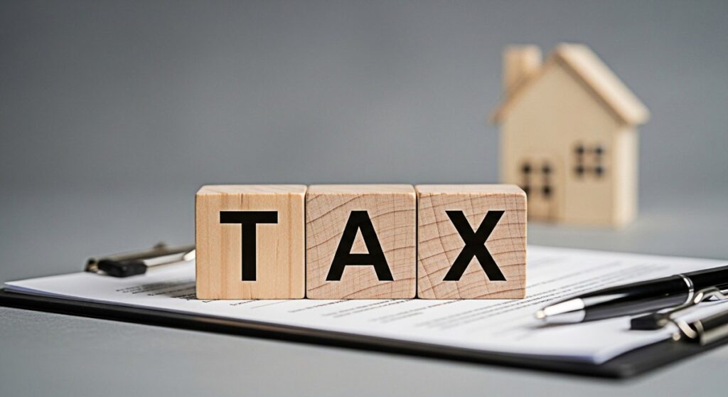 Wooden blocks spelling TAX on a contract with a pen and a house model in the background representing the concept of property taxes