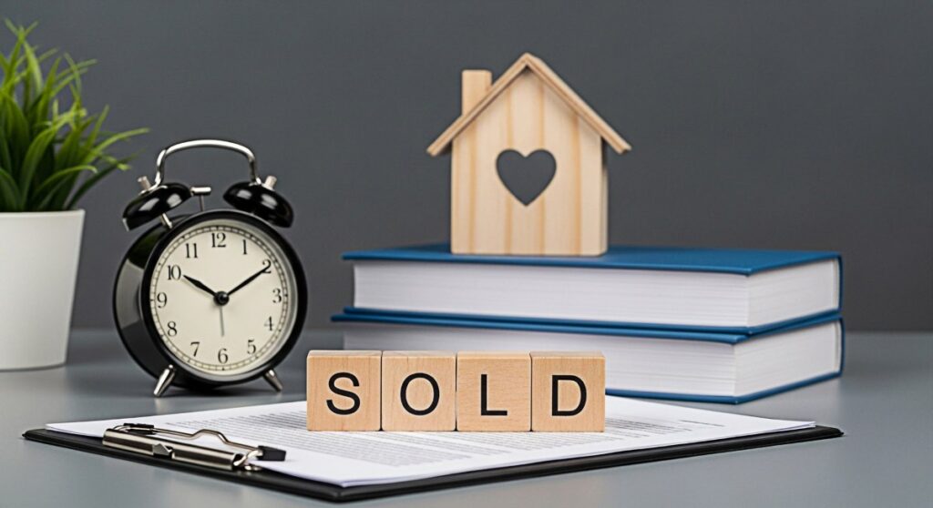 Real estate agent finalizing a property sale with a wooden house model alarm clock and SOLD blocks