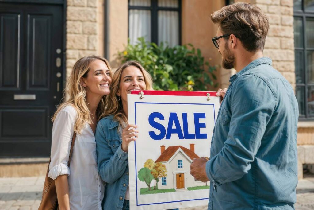 Two European women are holding a sign that says Sale in front of a house, for male buyer