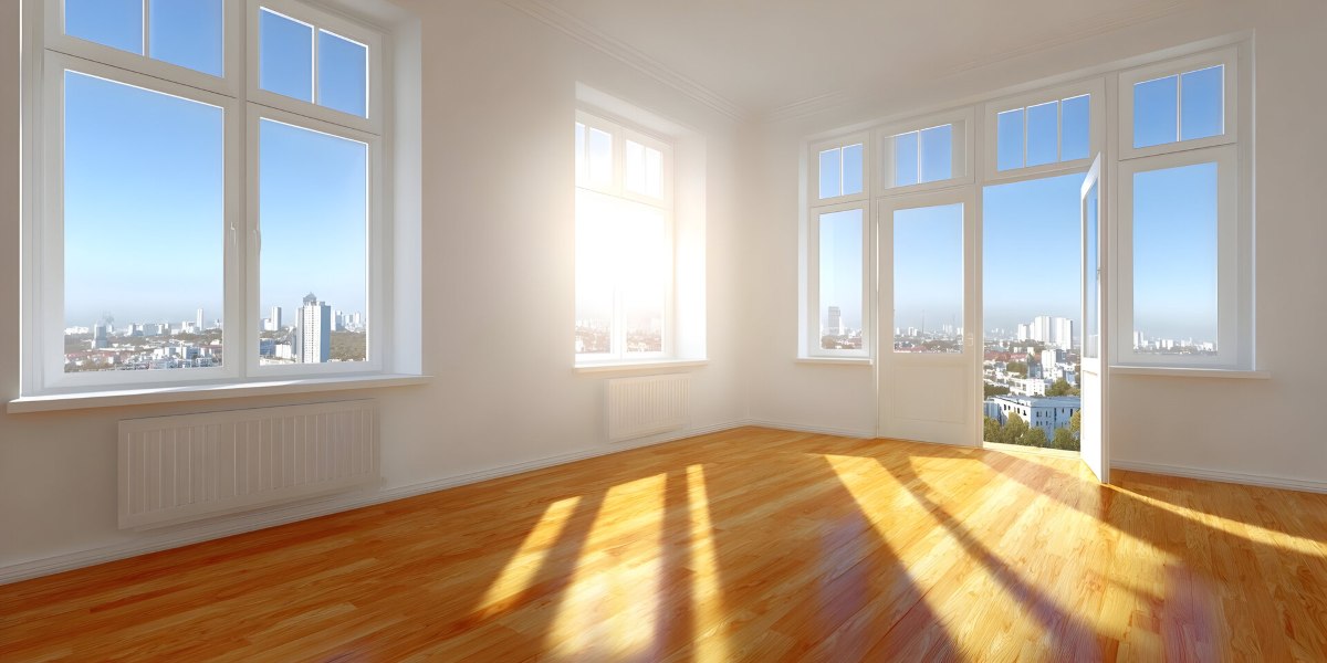 A bright empty room with large windows offers a stunning city view and sunlight on a wooden floor