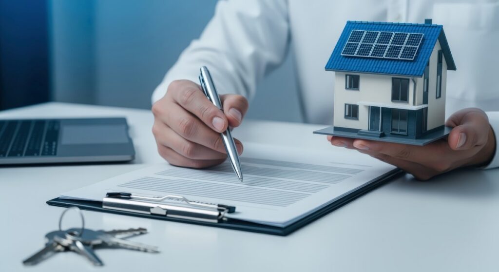 Signing Home Purchase Contract with Model House Featuring Solar Panels for Eco-Friendly Living