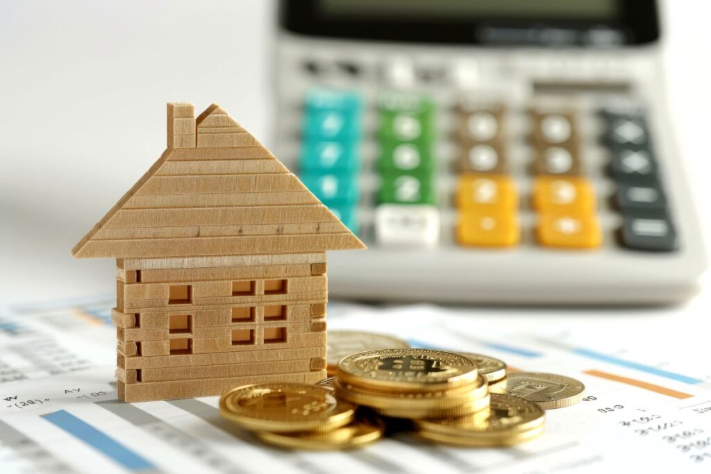 A wooden house model sits on financial documents with coins stacked nearby and a calculator in the background