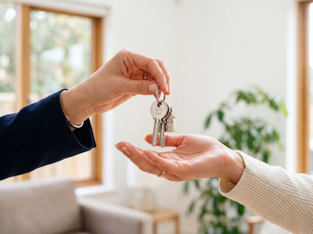 Real estate agent handing over house keys to new property owner in bright modern interior space