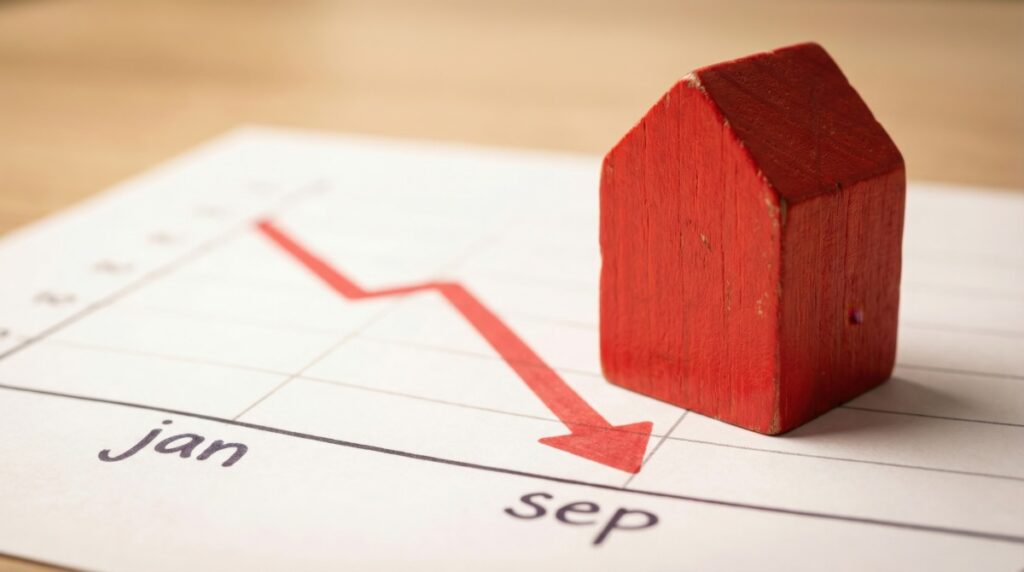 Real estate market crash concept house price fall
