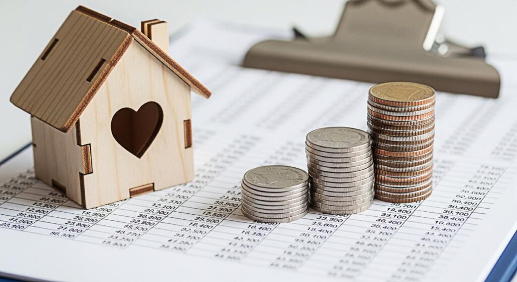 Wooden house model and stacks of coins sitting on a financial report symbolizing investment in real estate home ownership financial planning