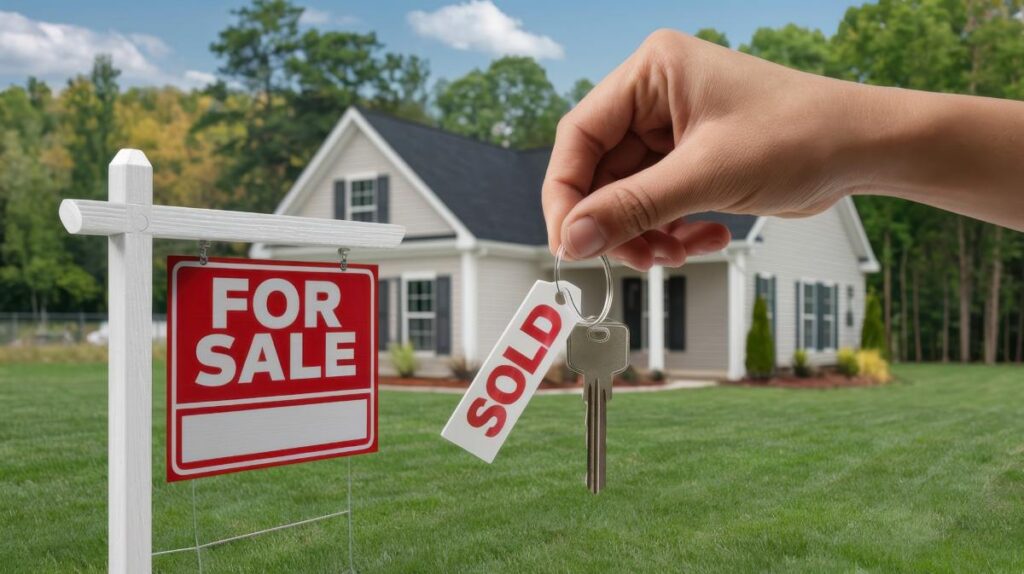 Holding Keys With Sold Tag in Front of House With for Sale Sign on Sunny Day