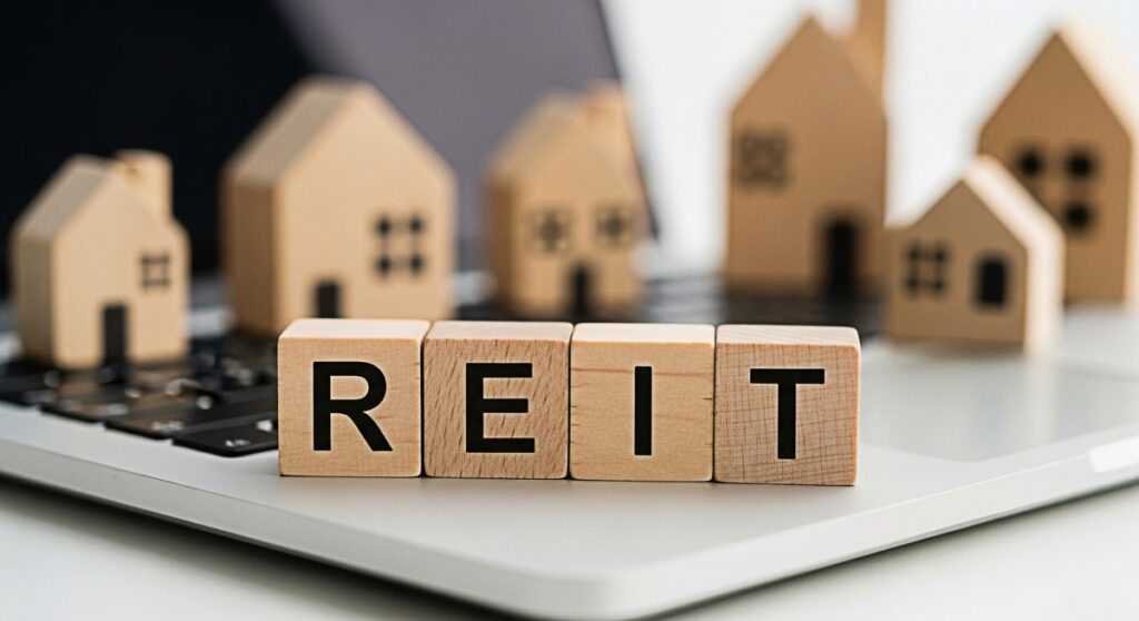 REIT wooden blocks displayed on a laptop keyboard with miniature house models representing real estate investment trusts and financial planning