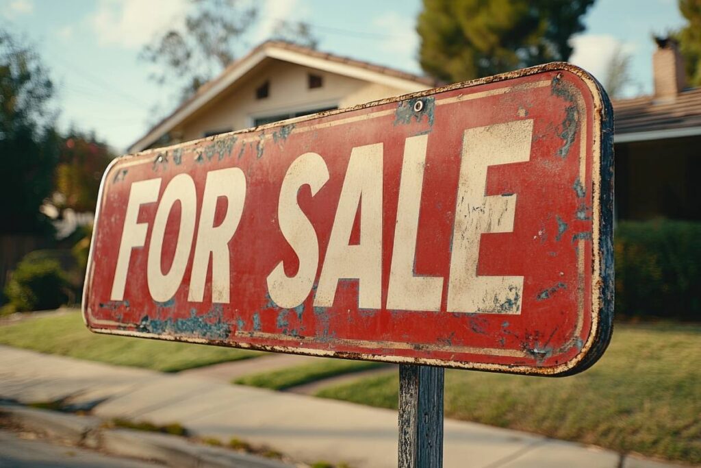 Old weathered for sale sign with boarded up abandoned house in background