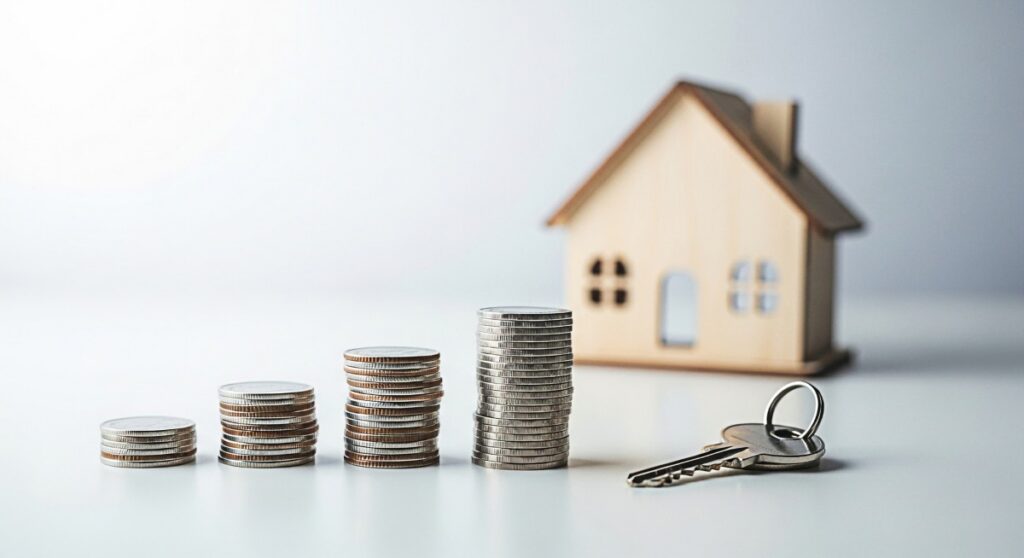 Stacks of coins increasing in height next to a wooden house model and a key on a white surface symbolizing financial growth investment and the dream of homeownership in a bright and hopeful setting