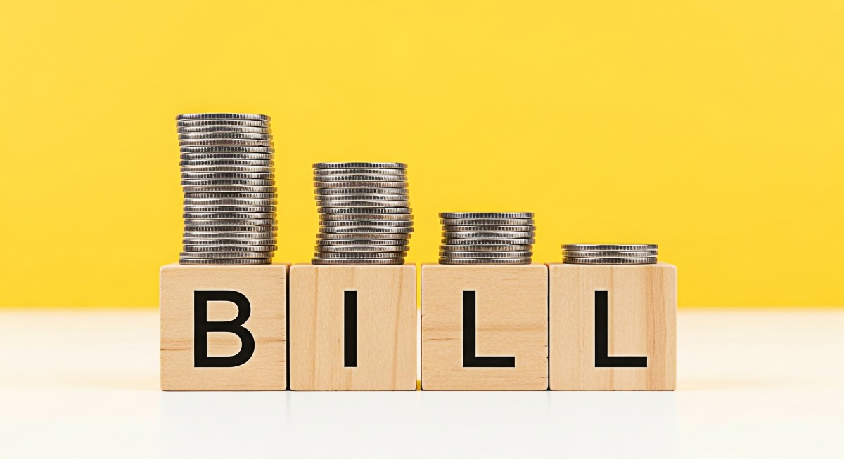 Stacks of coins diminishing on wooden blocks spelling BILL against a yellow background representing financial burden debt management and the challenge of handling monthly expenses and economic downtur