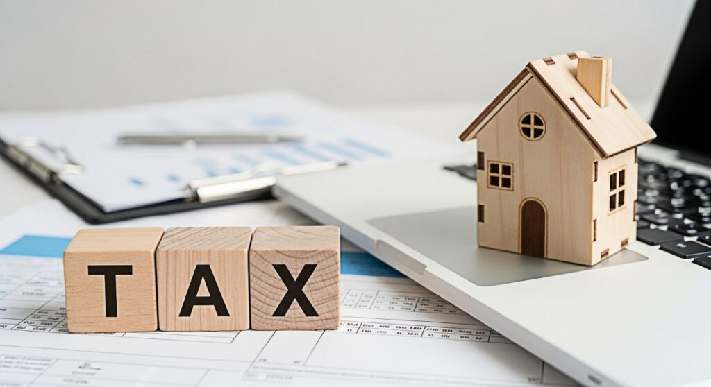 Wooden blocks spelling TAX next to a miniature house on a laptop in a bright modern office symbolizing property tax financial