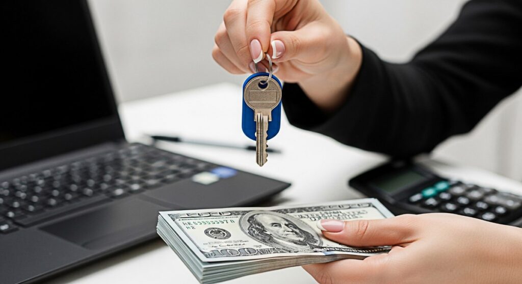 Female hand exchanging house keys for a stack of US dollar bills on a bright desk with a laptop and calculator symbolizing a successful real estate transaction and financial investment in a modern set
