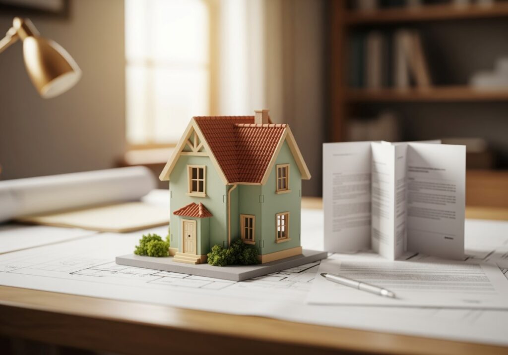 Charming house model on blueprints next to a contract, symbolizing home ownership and real estate