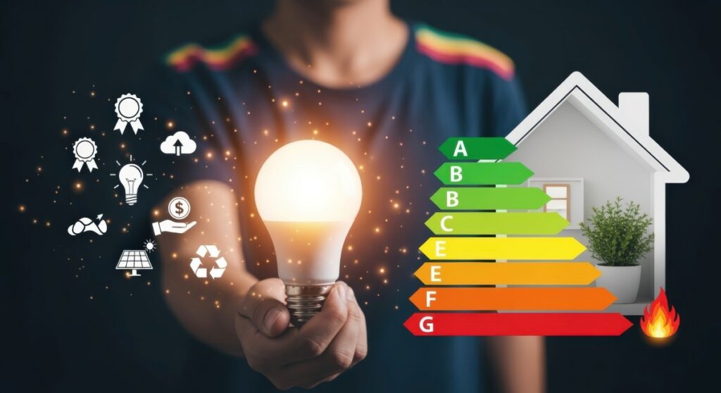 Person Holding Glowing Lightbulb Next to an Energy Efficiency Rating Chart