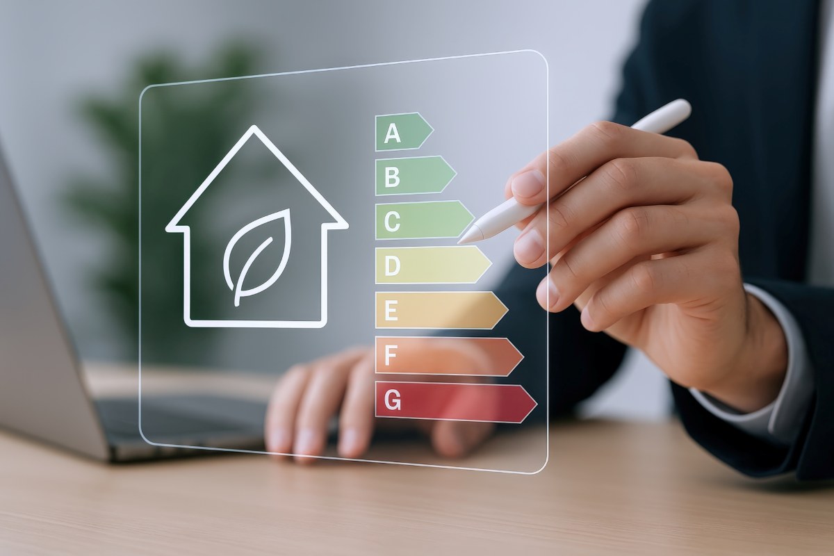 Energy Efficiency Analysis Man Analyzing Home Energy Performance Grades with Stylus on Digital Interface