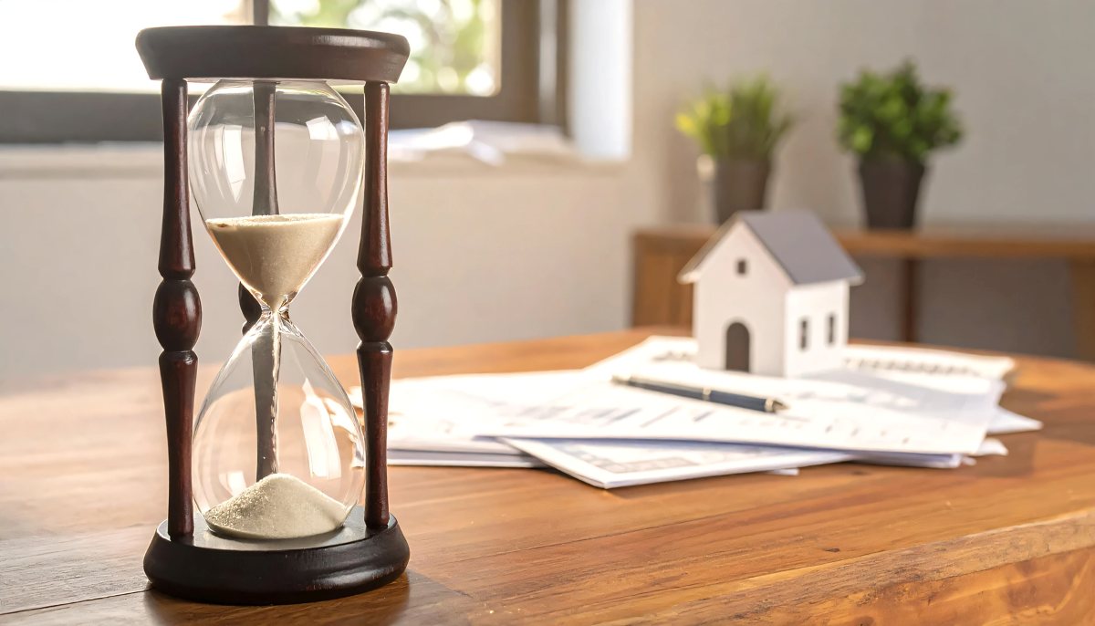A sand timer on a desk with papers and a house