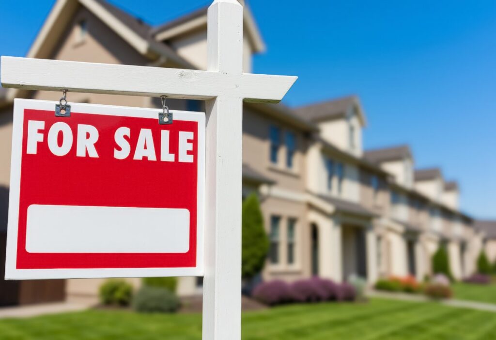 A red and white 'For sale' sign in front of a row of houses