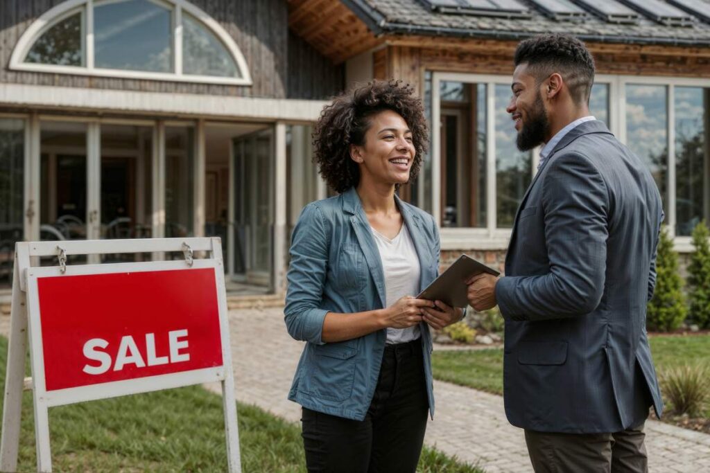 Happy African American female realtor smiling and holding house sale deed