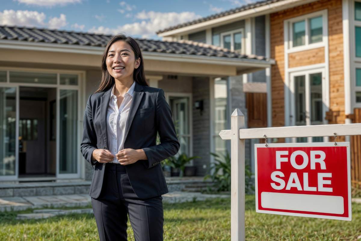 Happy Asian woman real estate agent stands in front of a private house and in front of a red For Sale sign