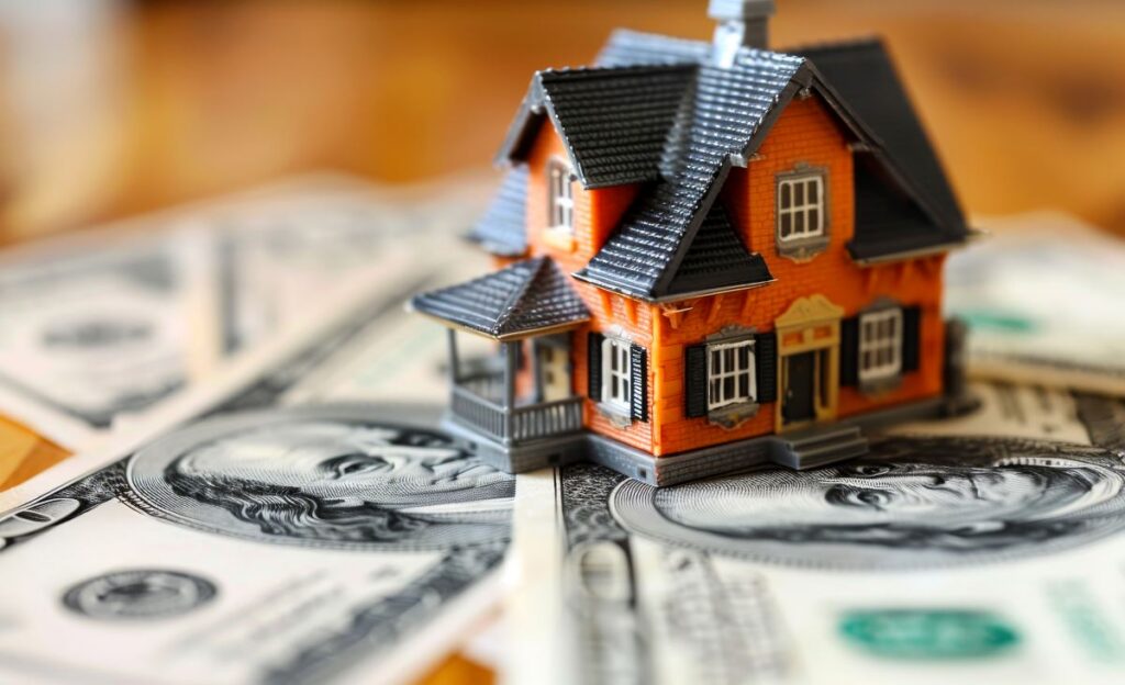 Miniature house sits on top of pile of money