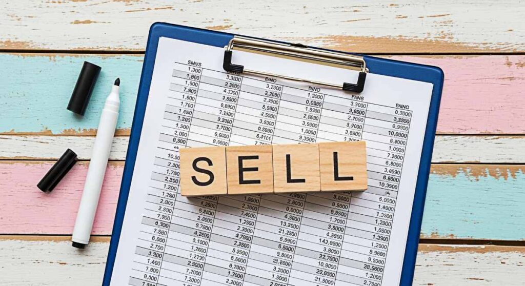 Wooden blocks spelling SELL on a financial report with colorful wooden background symbolizing sales strategy marketing business growth and investment opportunities in a vibrant setting