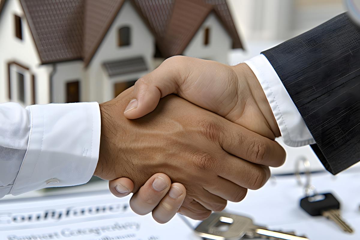 Close-Up of a Professional Handshake with Model House in Background Symbolizing Real Estate Agreement