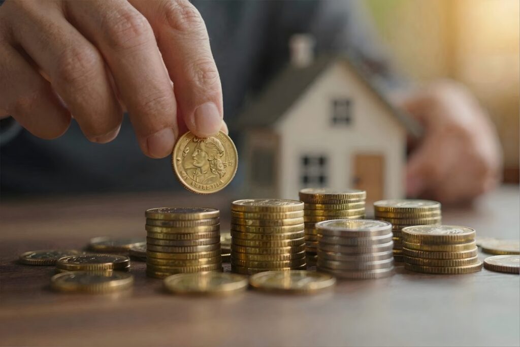 Man holding coin and house model