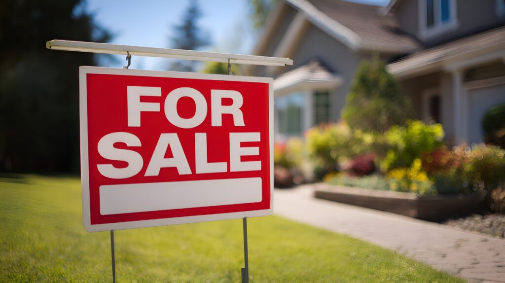 For sale sign announces house is available for purchase