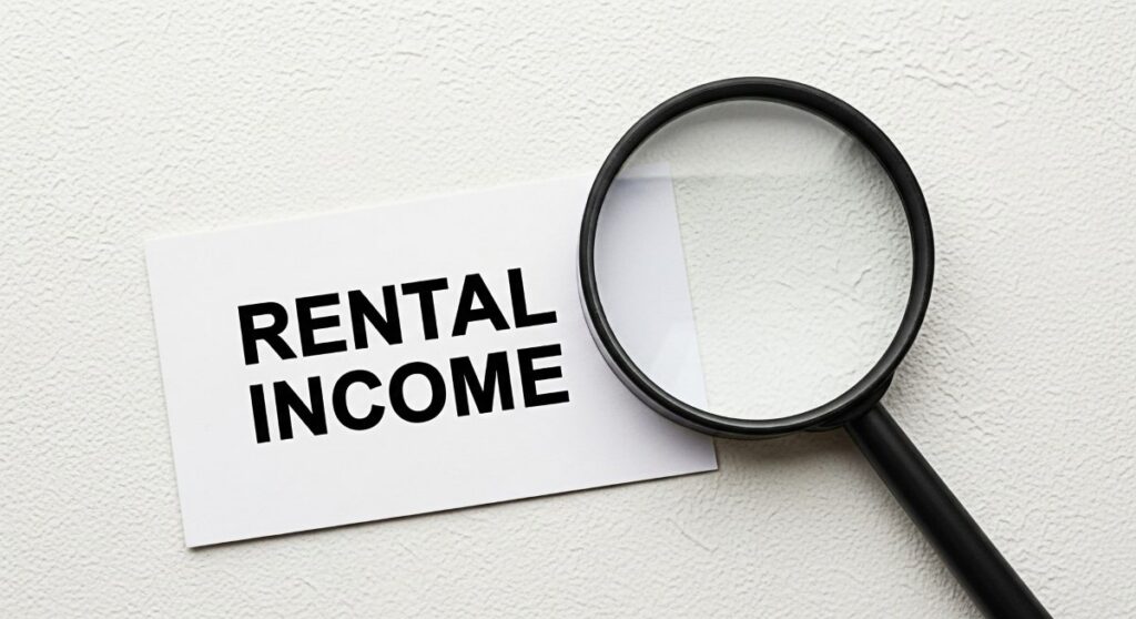 Closeup of a magnifying glass examining a card with the words Rental Income on a textured white surface