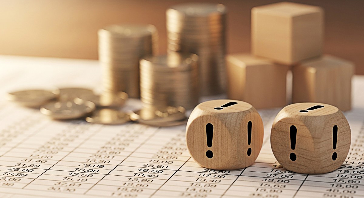 Wooden dice with exclamation marks resting on a financial spreadsheet next to stacks of coins
