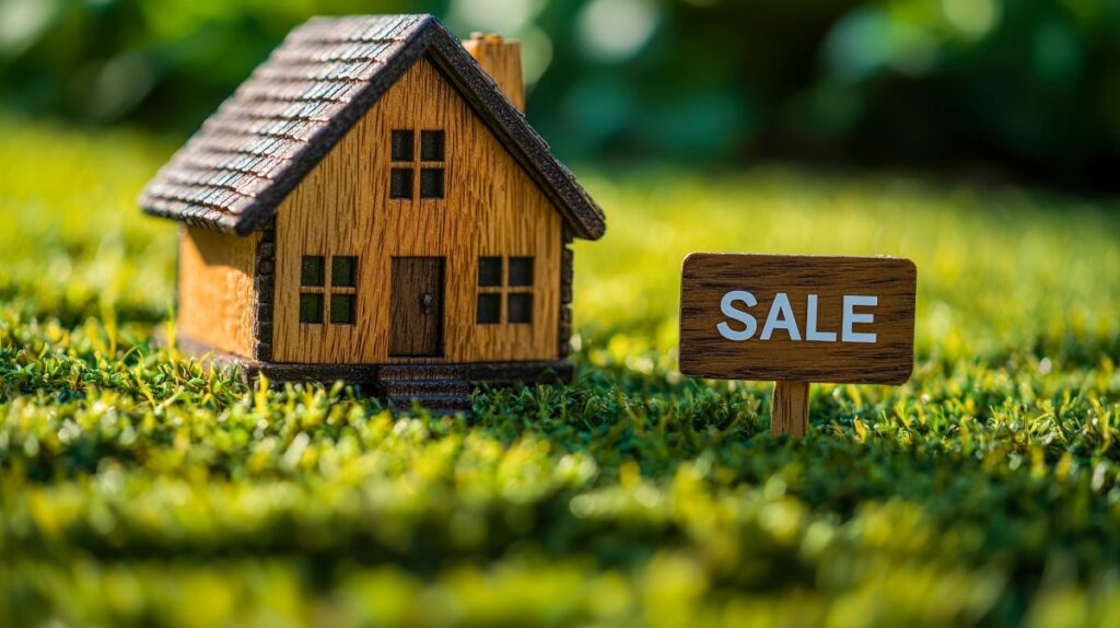 Small wooden house and sale sign on green grass outdoor