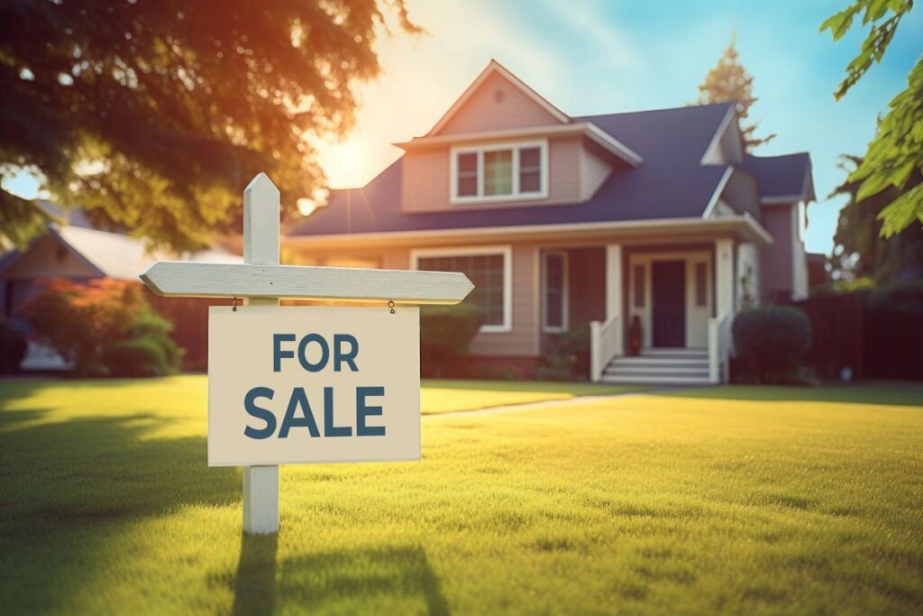 house for sale sign in front of a beautiful home with green grass