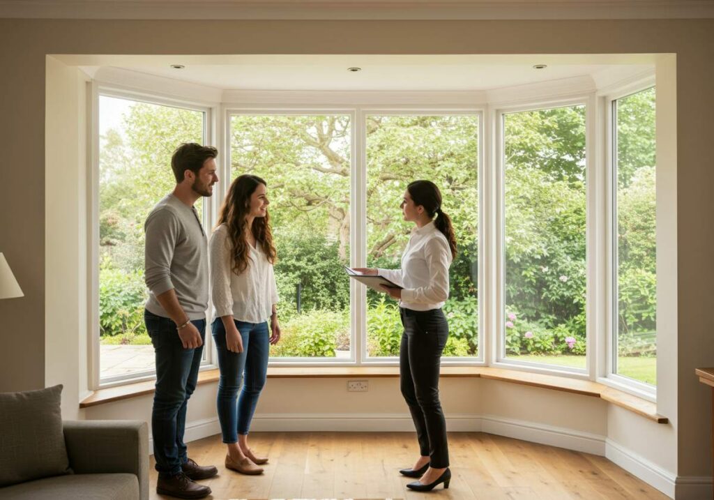 young couple tours a bright, modern house with a real estate agent