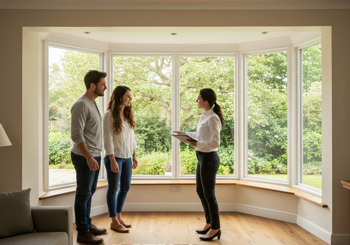 young couple tours a bright, modern house with a real estate agent