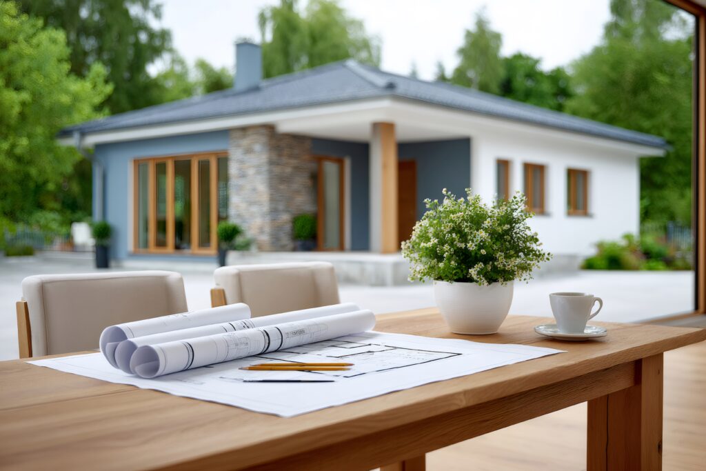 Blueprints on a table for planning the construction of a dream home