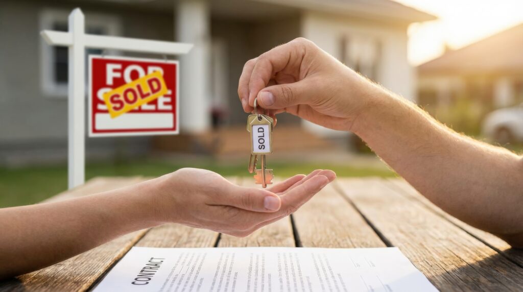Man handing house keys to another person beside a "Sold" sign, representing a completed real estate transaction
