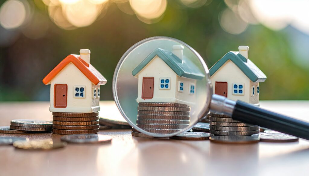 Miniature houses on stacks of coins viewed through a magnifying glass, representing real estate investment and property value