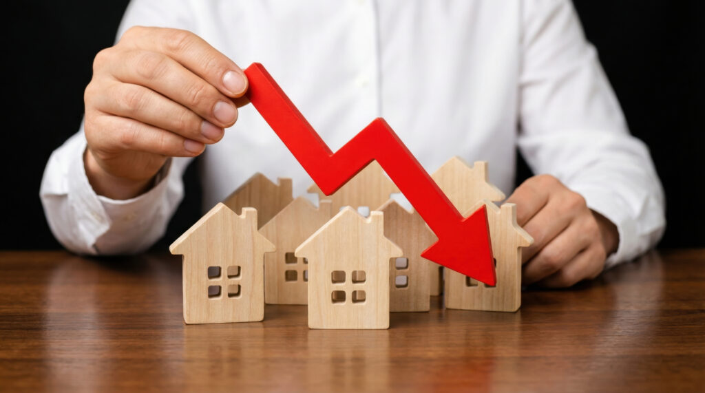 Real estate market crash concept with a red downward arrow symbolizing declining property values and market concerns