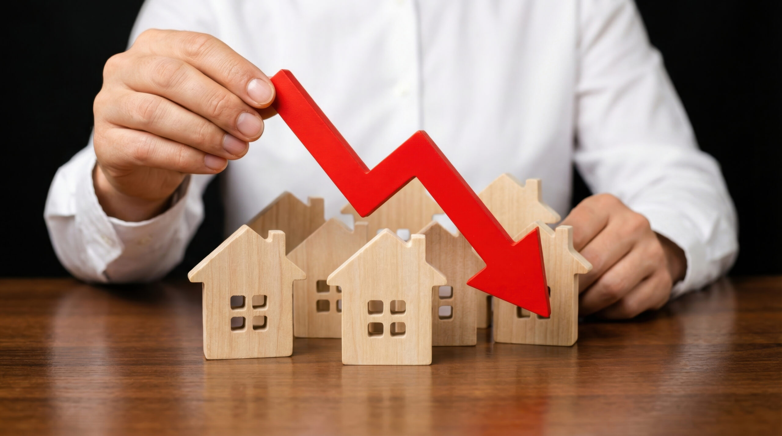 Real estate market crash concept with a red downward arrow symbolizing declining property values and market concerns