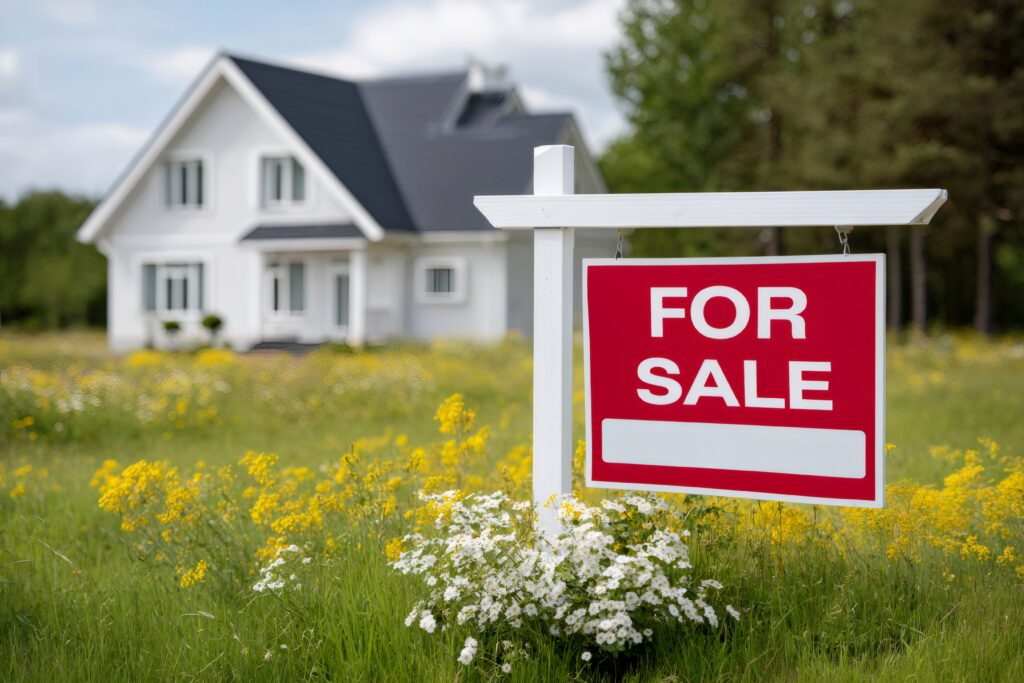 Red "For Sale" sign in front of a house on a residential property