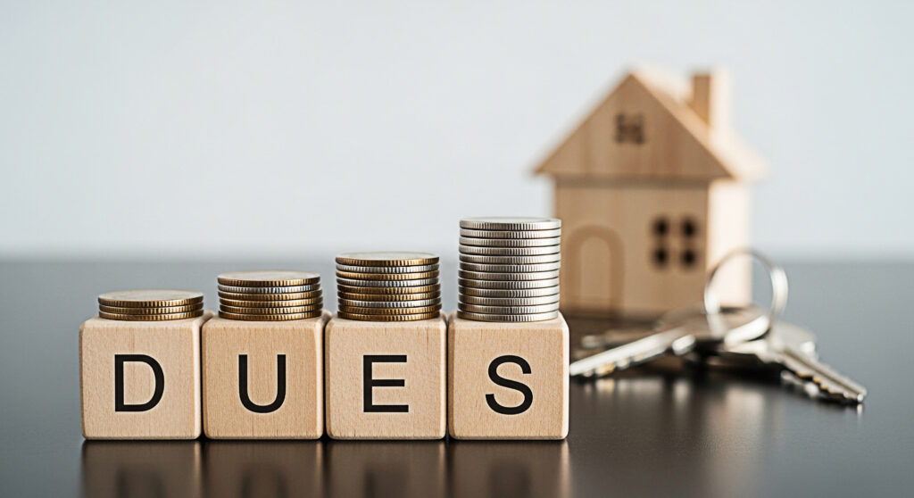Stacks of coins increasing on wooden blocks spelling "DUES," representing financial obligations and payments