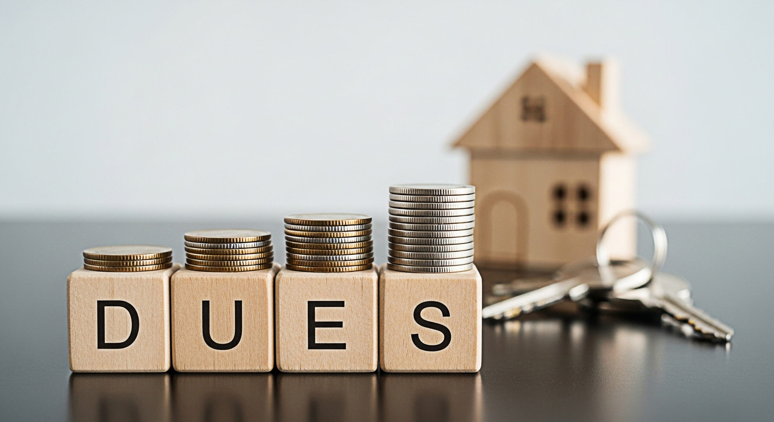 Stacks of coins increasing on wooden blocks spelling "DUES," representing financial obligations and payments