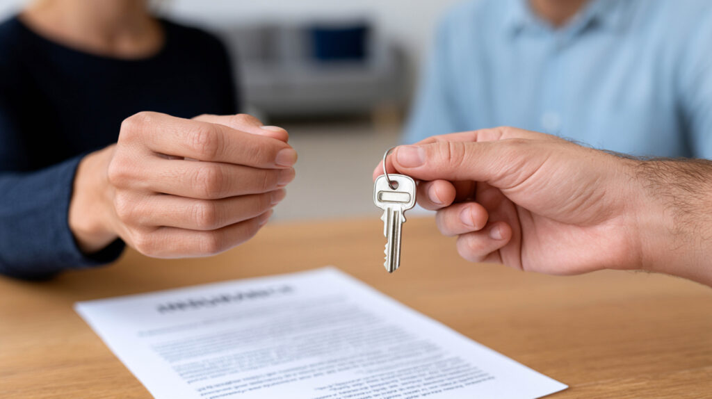 Unrecognizable couple holding house keys with home insurance documents, representing property ownership and home protection