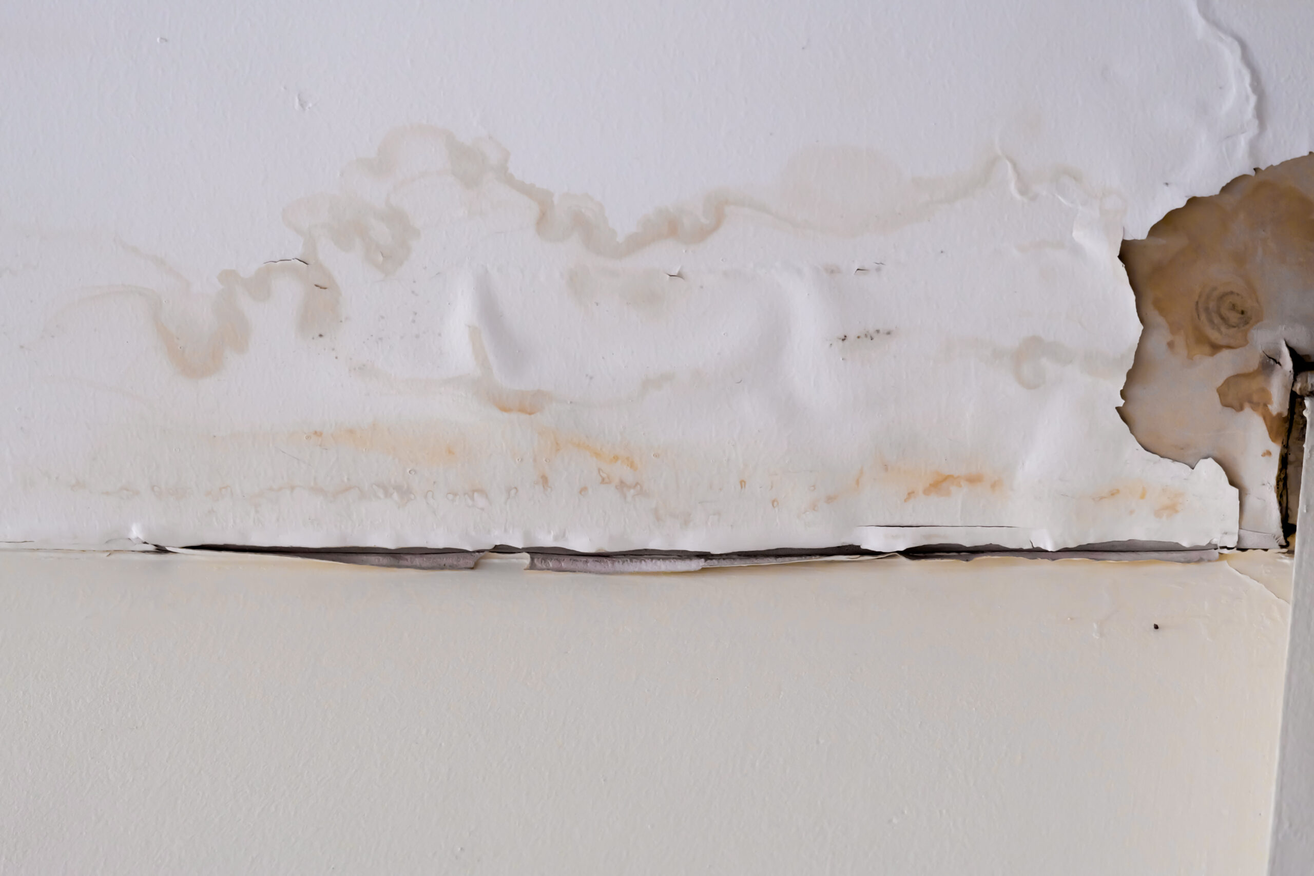 Water-damaged ceiling and roof inside an old abandoned house