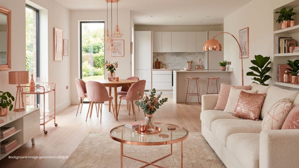 Modern open-plan kitchen and living room with rose gold décor and contemporary home furnishings